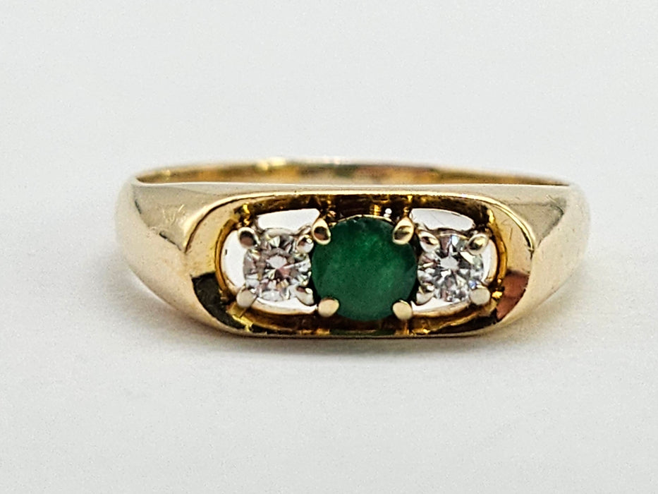 Vintage: 18ct Gold Art Deco Emerald & Diamond Three-Stone Dress Ring