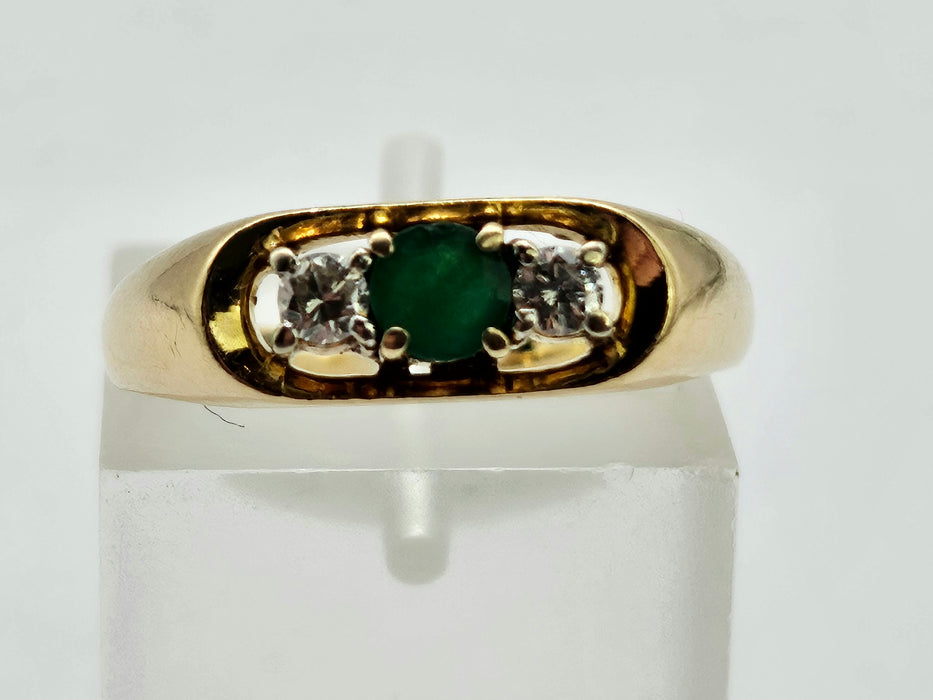 Vintage: 18ct Gold Art Deco Emerald & Diamond Three-Stone Dress Ring