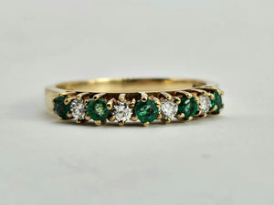 0709: Vintage: 9ct Yellow Gold Emeralds Diamonds Stacker Ring - demure, sparkling