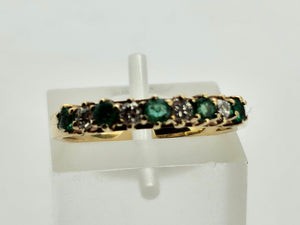 0709: Vintage: 9ct Yellow Gold Emeralds Diamonds Stacker Ring - demure, sparkling