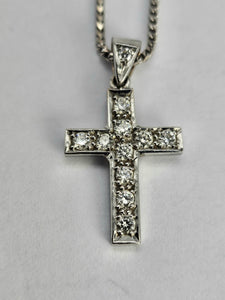 0757:Vintage: 18ct White Gold Necklace (40cm) Diamonds Cross Pendant- beautifully paired,