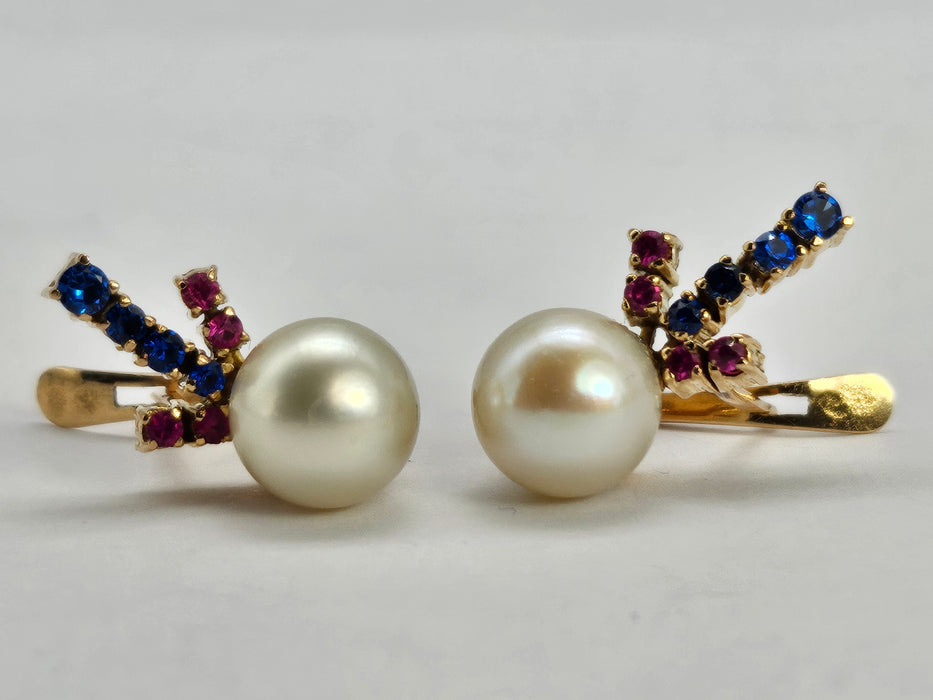 Vintage: 14ct Gold Pearl, Ruby & Iolite Fan Spray Earrings