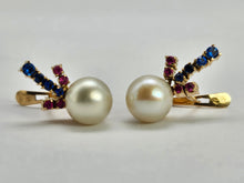 Load image into Gallery viewer, 0793: Vintage: 14ct Gold Pearls, Rubies, Iolites Stud Earrings- superb, reassuring weight
