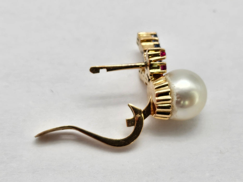 0793 Vintage: 14ct Yellow Gold Pearl, Ruby & Iolite Stud Earrings