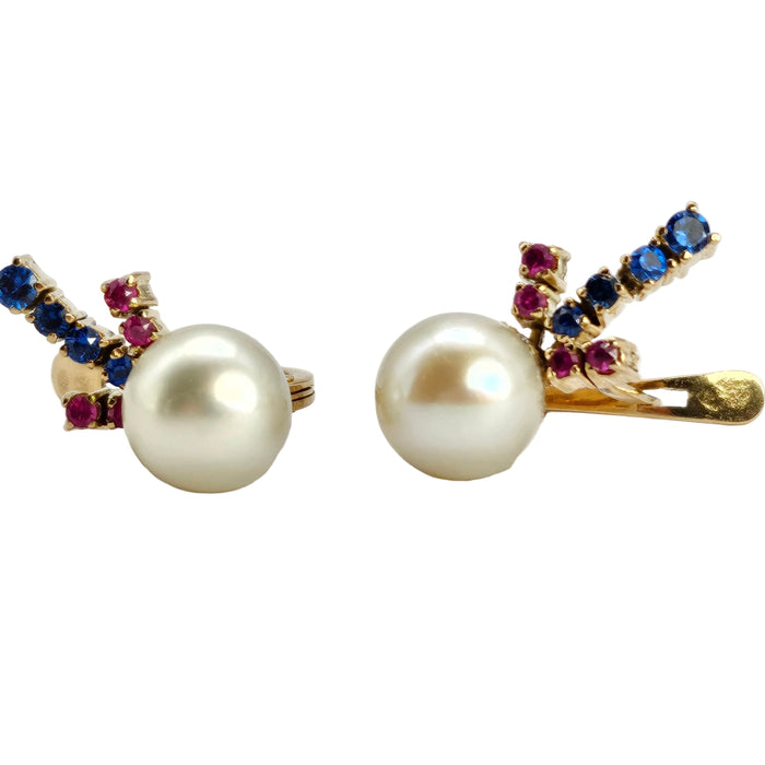 Vintage: 14ct Gold Pearl, Ruby & Iolite Fan Spray Earrings