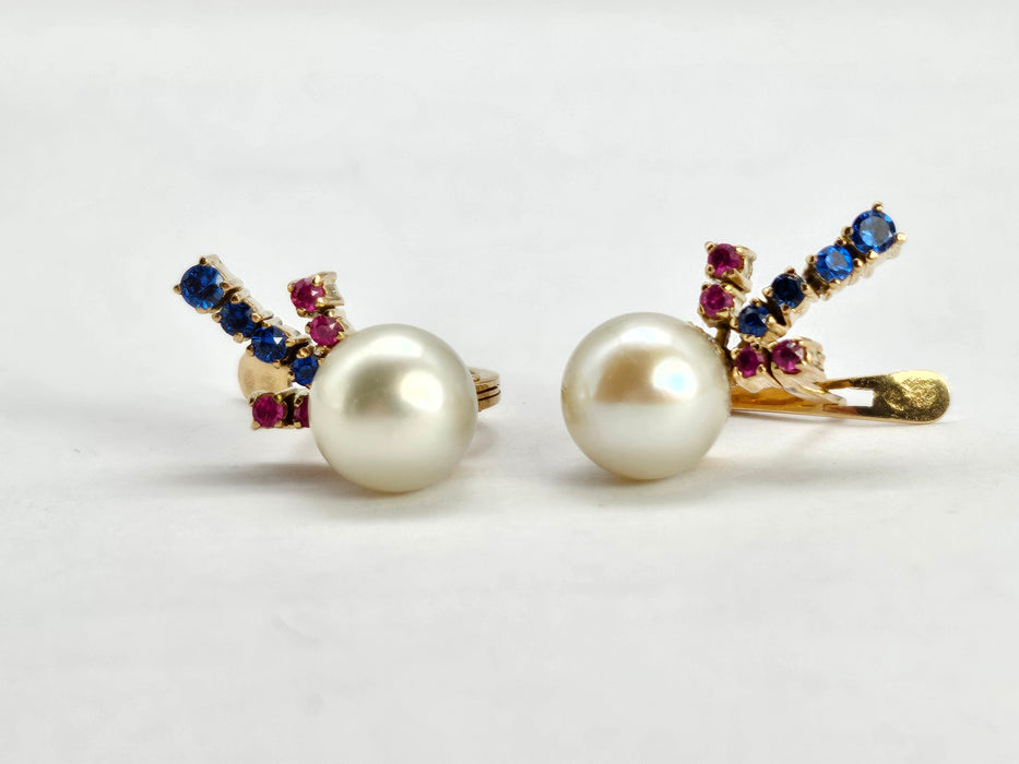 0793 Vintage: 14ct Yellow Gold Pearl, Ruby & Iolite Stud Earrings