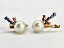 Load image into Gallery viewer, 0793: Vintage: 14ct Gold Pearls, Rubies, Iolites Stud Earrings- superb, reassuring weight
