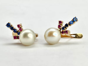 0793: Vintage: 14ct Gold Pearls, Rubies, Iolites Stud Earrings- superb, reassuring weight