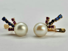 Load image into Gallery viewer, 0793: Vintage: 14ct Gold Pearls, Rubies, Iolites Stud Earrings- superb, reassuring weight
