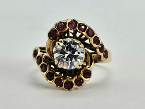 0796: &nbsp;Vintage: 18ct Gold Ice White Zircon Rubies&nbsp; Cluster Ring- statement, rare combination