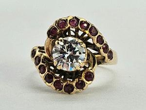 0796: &nbsp;Vintage: 18ct Gold Ice White Zircon Rubies&nbsp; Cluster Ring- statement, rare combination