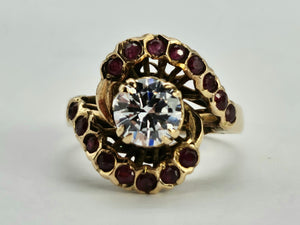 0796: &nbsp;Vintage: 18ct Gold Ice White Zircon Rubies&nbsp; Cluster Ring- statement, rare combination