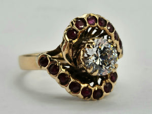 0796: &nbsp;Vintage: 18ct Gold Ice White Zircon Rubies&nbsp; Cluster Ring- statement, rare combination