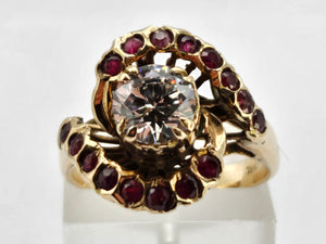 0796: &nbsp;Vintage: 18ct Gold Ice White Zircon Rubies&nbsp; Cluster Ring- statement, rare combination