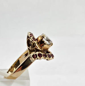 0796: &nbsp;Vintage: 18ct Gold Ice White Zircon Rubies&nbsp; Cluster Ring- statement, rare combination