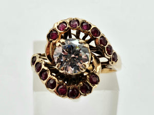 0796: &nbsp;Vintage: 18ct Gold Ice White Zircon Rubies&nbsp; Cluster Ring- statement, rare combination