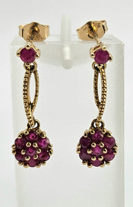 0915: Vintage: 9ct Gold Rubies Cluster Drop/Dangle Stud Earrings- elegant