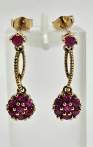 0915: Vintage: 9ct Gold Rubies Cluster Drop/Dangle Stud Earrings- elegant