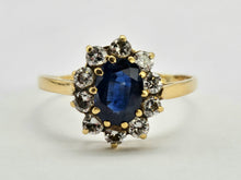 Load image into Gallery viewer, 0935: 18ct Gold French Blue Sapphires Diamonds Diana- Style Cluster Ring
