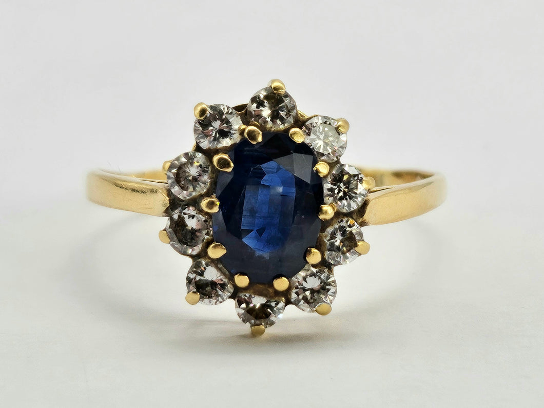 0935: 18ct Gold French Blue Sapphires Diamonds Diana- Style Cluster Ring