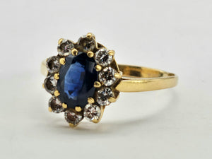 0935: 18ct Gold French Blue Sapphires Diamonds Diana- Style Cluster Ring