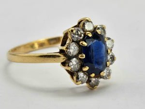 0935: 18ct Gold French Blue Sapphires Diamonds Diana- Style Cluster Ring