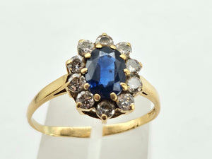 0935: 18ct Gold French Blue Sapphires Diamonds Diana- Style Cluster Ring