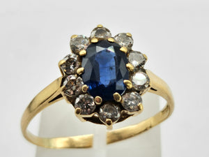 0935: 18ct Gold French Blue Sapphires Diamonds Diana- Style Cluster Ring