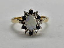 Load image into Gallery viewer, 0920: Vintage: 9ct Gold White Opal 6 Blue Sapphires 6 Diamonds Cluster Ring- Date-Mark 1979
