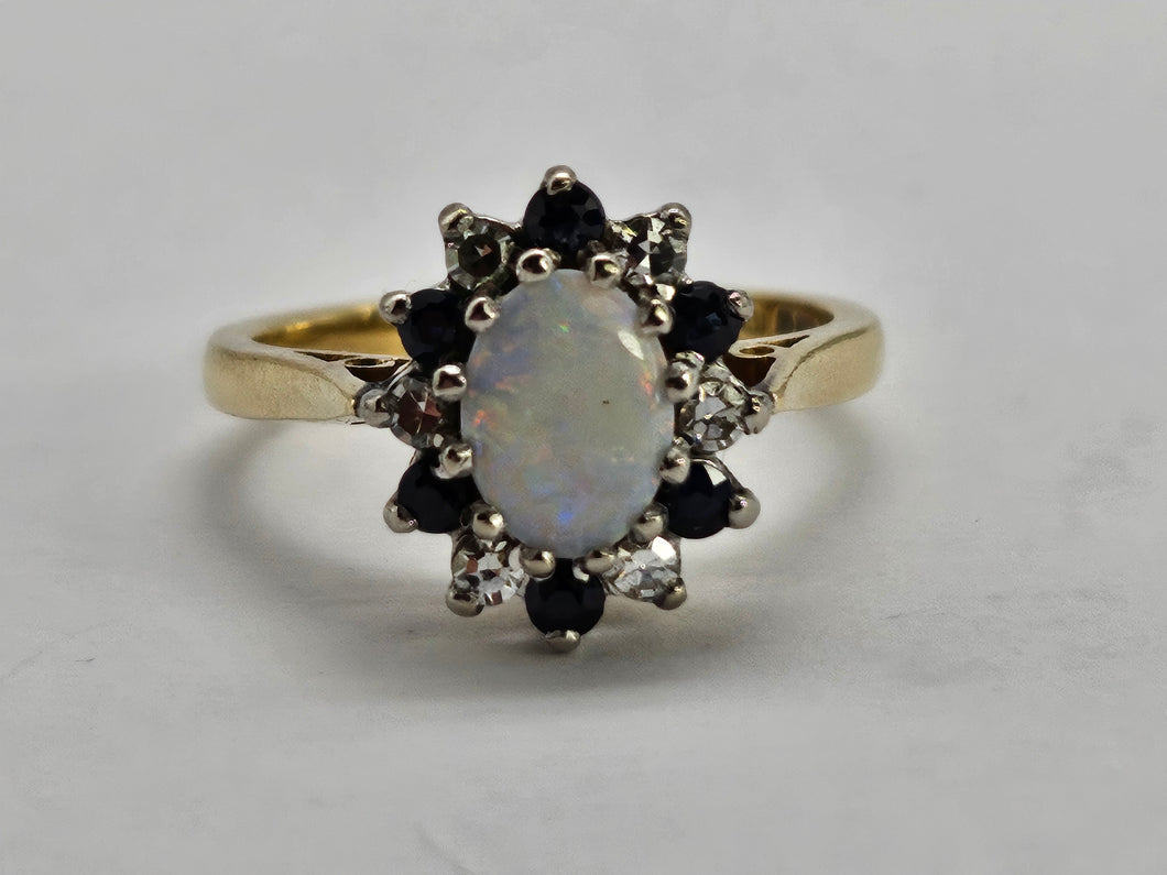 0920: Vintage: 9ct Gold White Opal 6 Blue Sapphires 6 Diamonds Cluster Ring- Date-Mark 1979