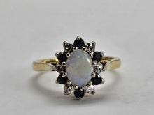 Load image into Gallery viewer, 0920: Vintage: 9ct Gold White Opal 6 Blue Sapphires 6 Diamonds Cluster Ring- Date-Mark 1979
