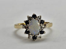 Load image into Gallery viewer, 0920: Vintage: 9ct Gold White Opal 6 Blue Sapphires 6 Diamonds Cluster Ring- Date-Mark 1979
