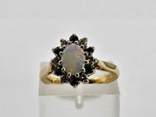 Load image into Gallery viewer, 0920: Vintage: 9ct Gold White Opal 6 Blue Sapphires 6 Diamonds Cluster Ring- Date-Mark 1979
