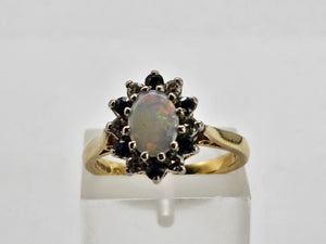 0920: Vintage: 9ct Gold White Opal 6 Blue Sapphires 6 Diamonds Cluster Ring- Date-Mark 1979