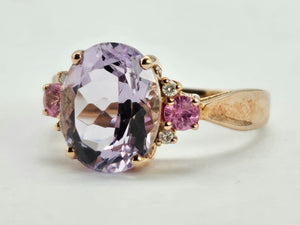 1006: Vintage: Rare 9ct Rose Gold Amethyst Morganites Diamonds Cocktail Ring- superb combination