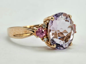 1006: Vintage: Rare 9ct Rose Gold Amethyst Morganites Diamonds Cocktail Ring- superb combination