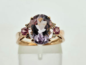 1006: Vintage: Rare 9ct Rose Gold Amethyst Morganites Diamonds Cocktail Ring- superb combination