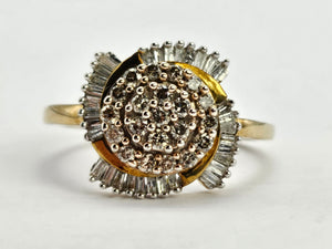 1011: Vintage: 9ct Gold Champagne & White Diamonds Cocktail Ring- sparkling beauty