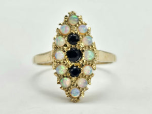 1024: Vintage: 9ct Gold Opals Black Sapphires Navette Set Dress ring- lovely combination