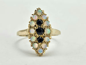 1024: Vintage: 9ct Gold Opals Black Sapphires Navette Set Dress ring- lovely combination