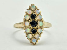 Load image into Gallery viewer, 1024: Vintage: 9ct Gold Opals Black Sapphires Navette Set Dress ring- lovely combination
