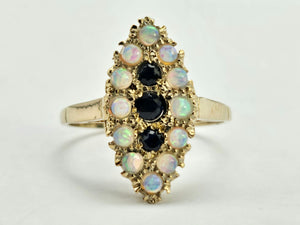 1024: Vintage: 9ct Gold Opals Black Sapphires Navette Set Dress ring- lovely combination