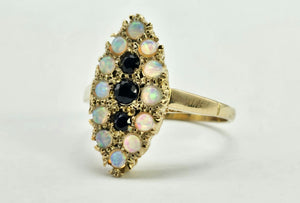 1024: Vintage: 9ct Gold Opals Black Sapphires Navette Set Dress ring- lovely combination