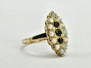 1024: Vintage: 9ct Gold Opals Black Sapphires Navette Set Dress ring- lovely combination