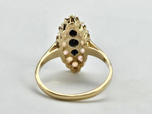 1024: Vintage: 9ct Gold Opals Black Sapphires Navette Set Dress ring- lovely combination