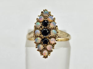 1024: Vintage: 9ct Gold Opals Black Sapphires Navette Set Dress ring- lovely combination