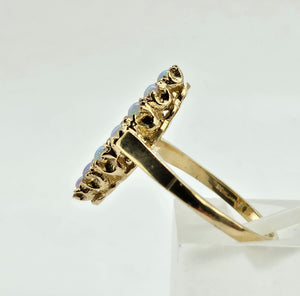 1024: Vintage: 9ct Gold Opals Black Sapphires Navette Set Dress ring- lovely combination