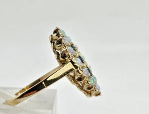 1024: Vintage: 9ct Gold Opals Black Sapphires Navette Set Dress ring- lovely combination