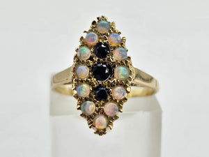 1024: Vintage: 9ct Gold Opals Black Sapphires Navette Set Dress ring- lovely combination