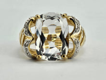 Load image into Gallery viewer, 1044: Vintage: 9ct Gold Large Glacier Topaz 8 Diamonds Cocktail Ring- sparkling statement piece.
